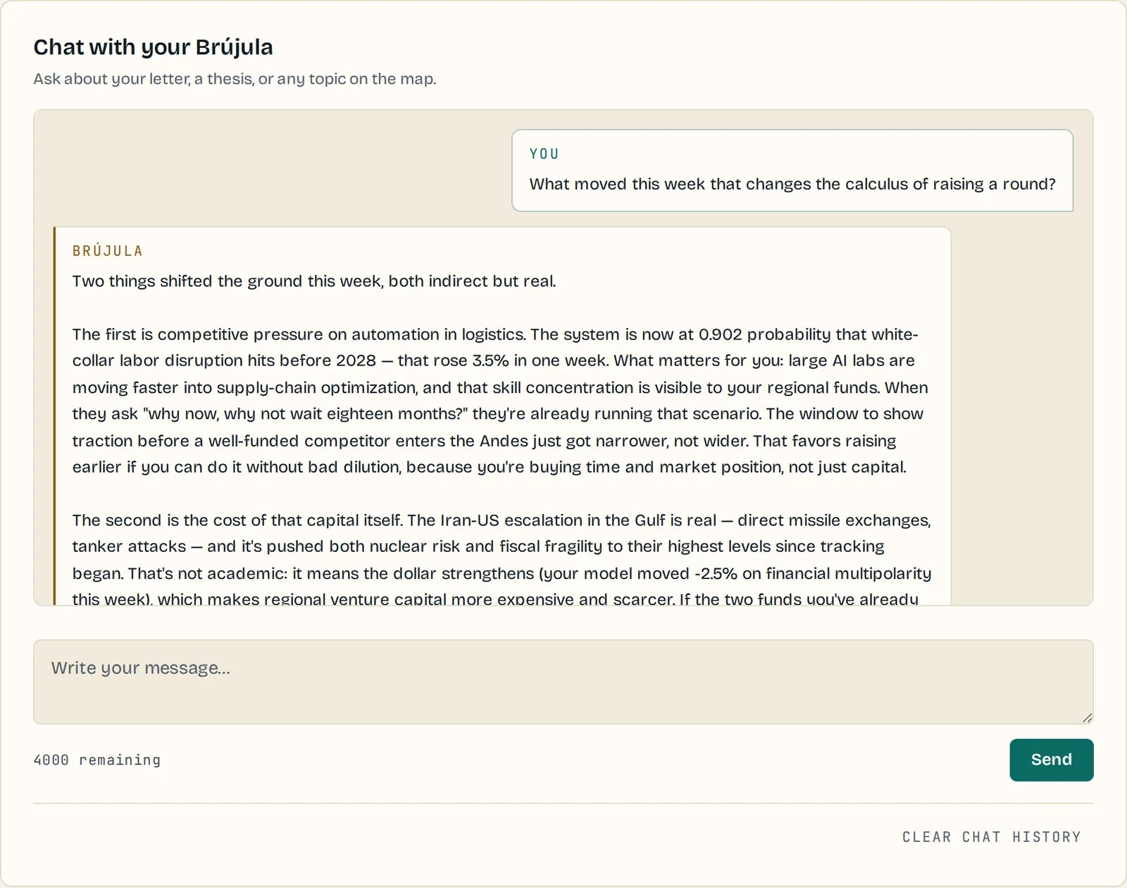The dashboard chat: a question about the week and the agent answer anchored in the model.