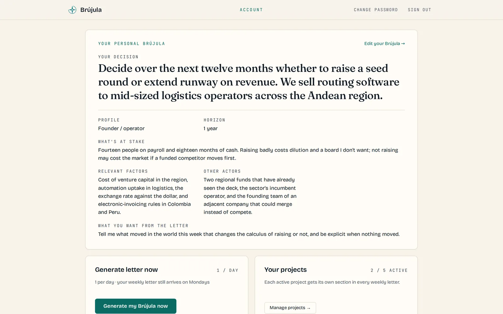 Brújula dashboard: the decision, the profile, the projects card and letter generation.
