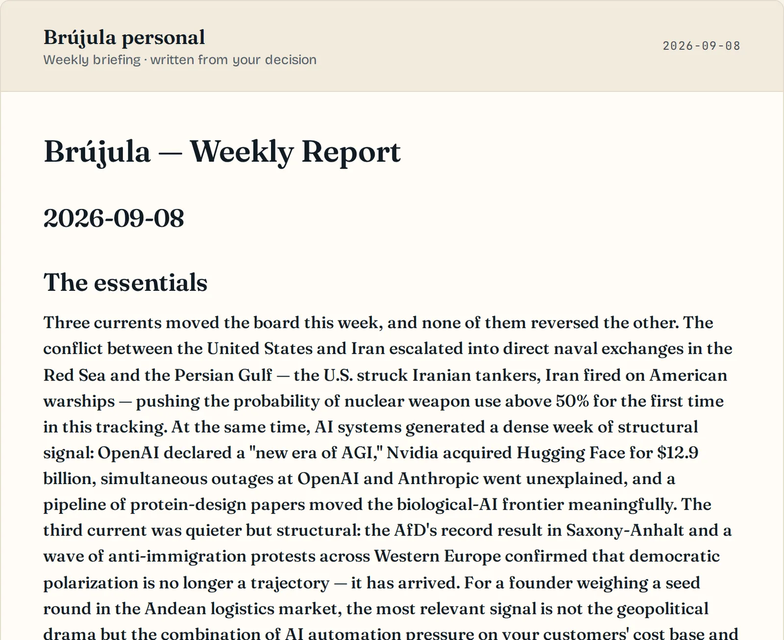 A weekly Brújula letter open in the dashboard, written from the reader decision.